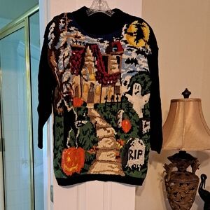 Vintage Halloween Novelty Knit Sweater with Haunted House Motif